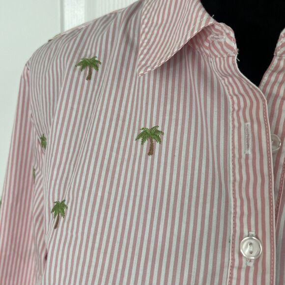 Lemon Way Shirt Womens Large Pink Striped Button Up Palm Trees Embroidery Preppy - Picture 3 of 11